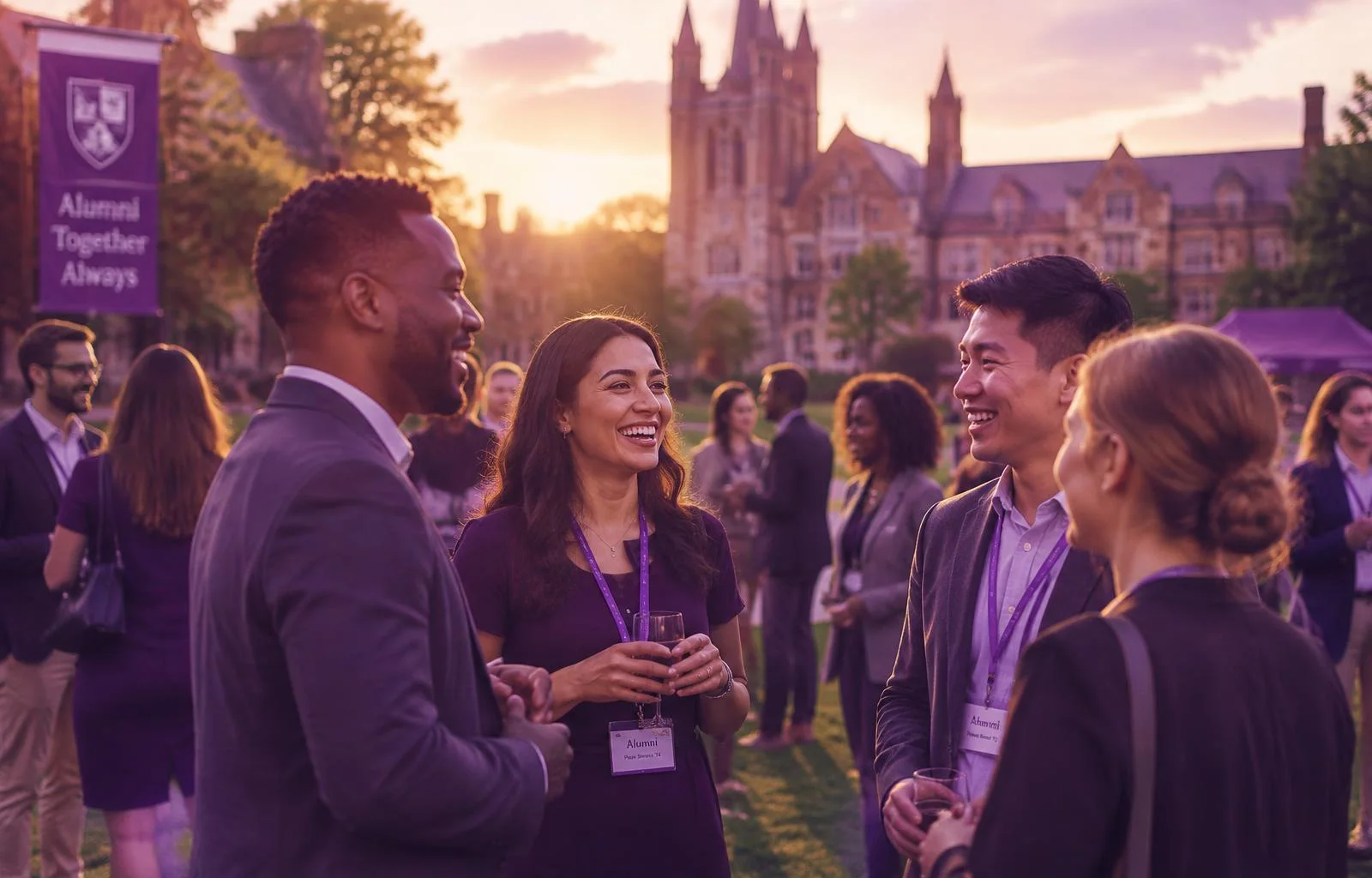 Alumni networking at a university event